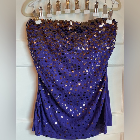 Express Tops - Express Strapless Purple Sequin Top with built in bra